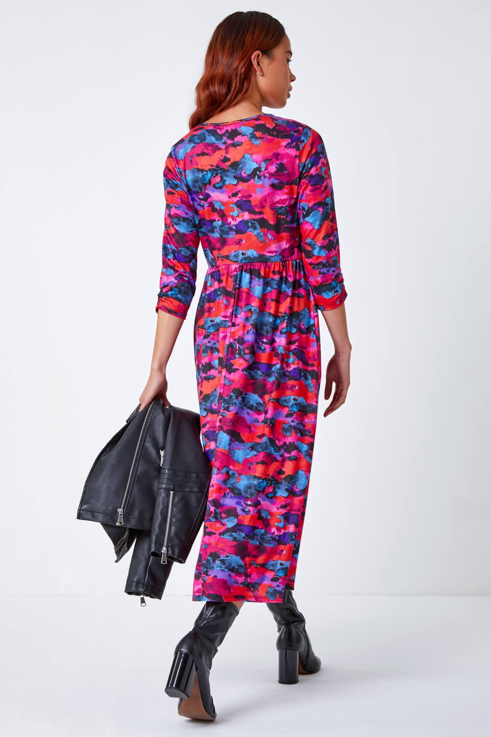 Fuchsia Petite Abstract Print Stretch Midi Dress, Image 3 of 5