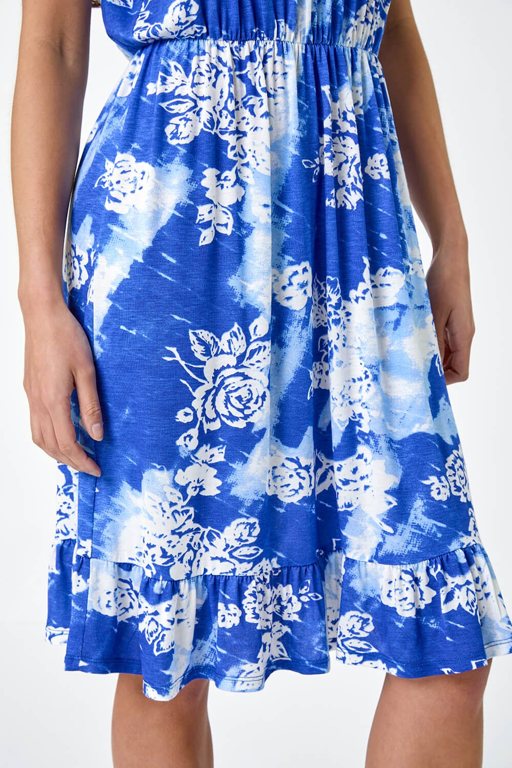 Blue Petite Abstract Floral Stretch Frill Dress, Image 5 of 5