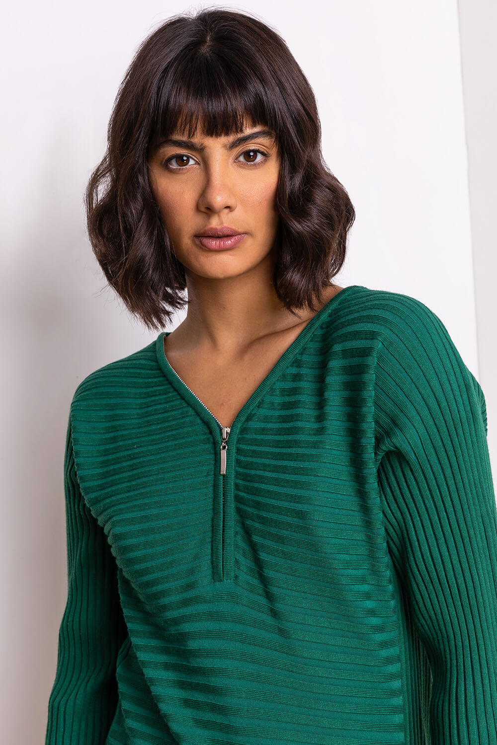 Green Zip Front V Neck Jersey Long Sleeve Top, Image 4 of 5