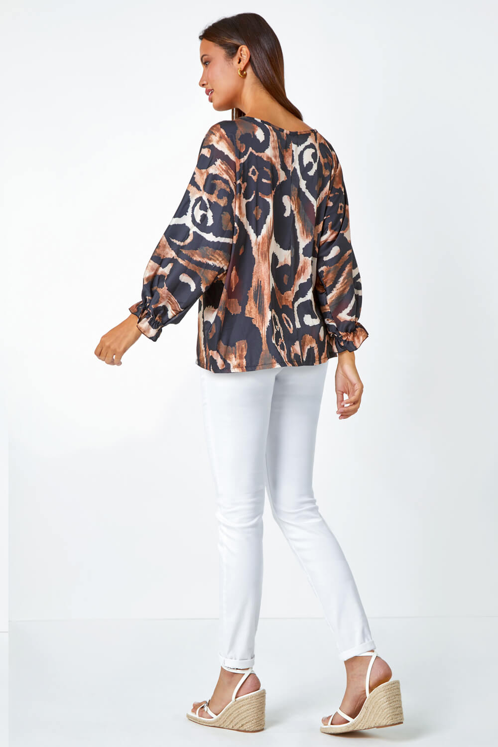 Neutral Abstract Print Blouson Sleeve Top, Image 3 of 5