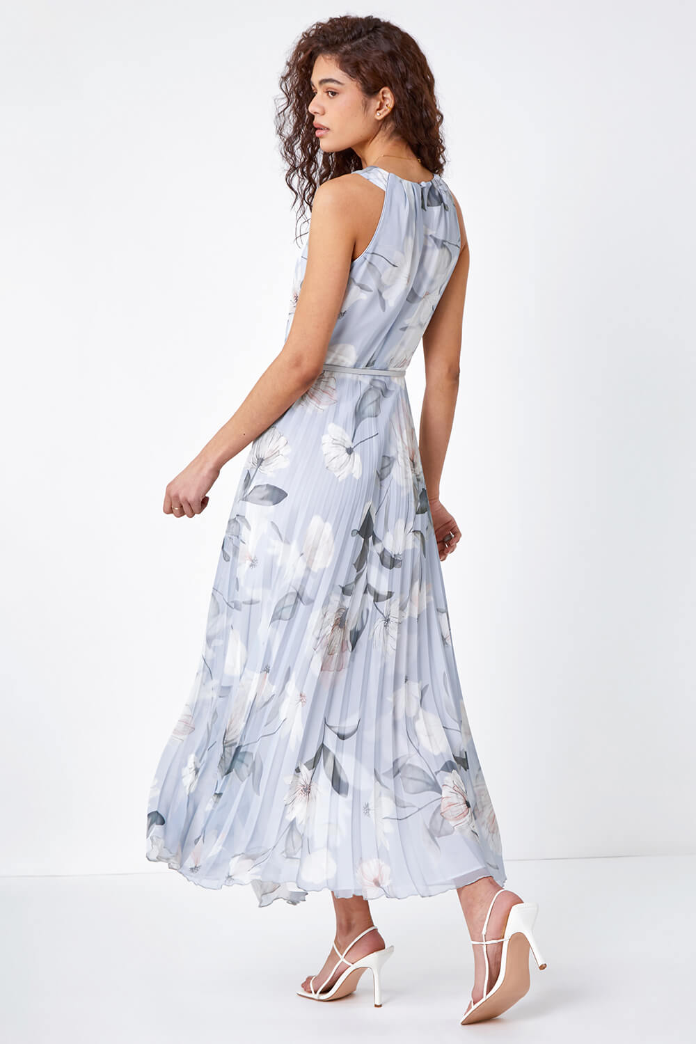 Grey Floral Pleated Maxi Dress, Image 3 of 5