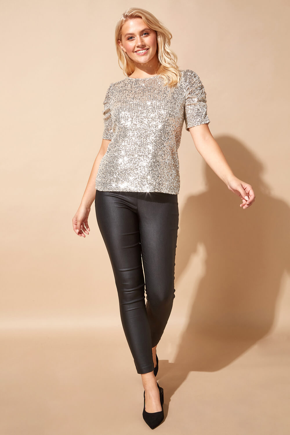 Sequin Ruched Sleeve T-Shirt in Neutral - Roman Originals UK