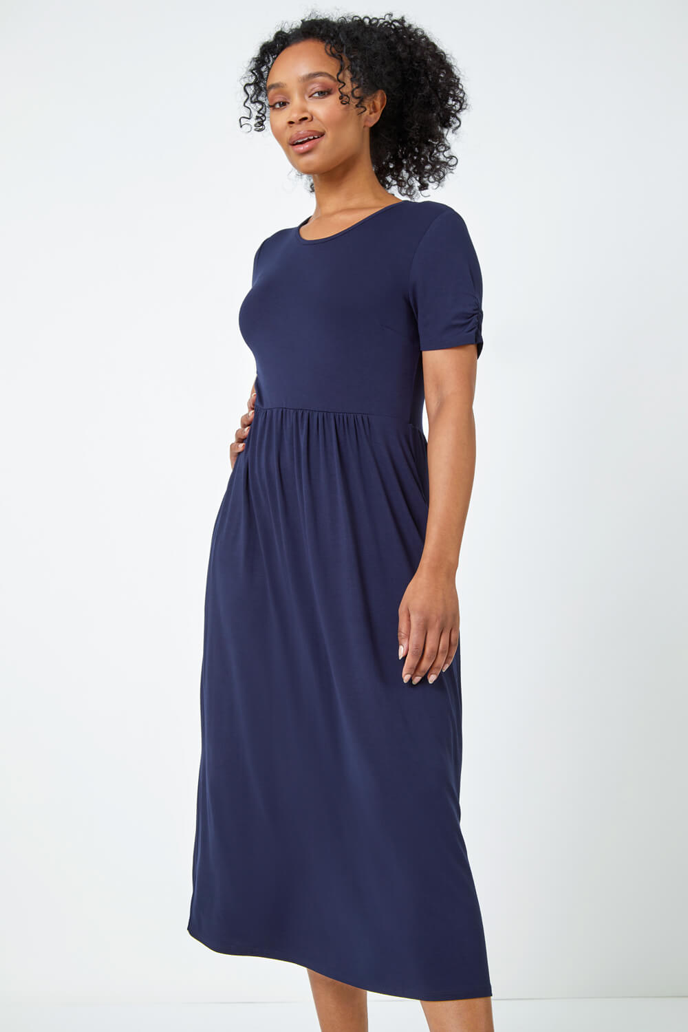 Petite Gathered Waist Midi Stretch Dress