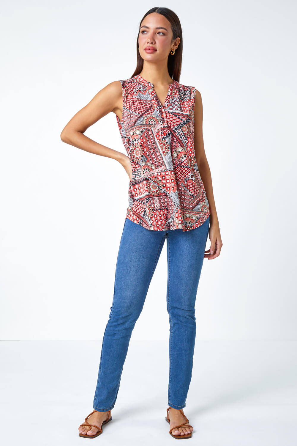 Red Textured Patchwork Sleeveless Stretch Top, Image 2 of 5