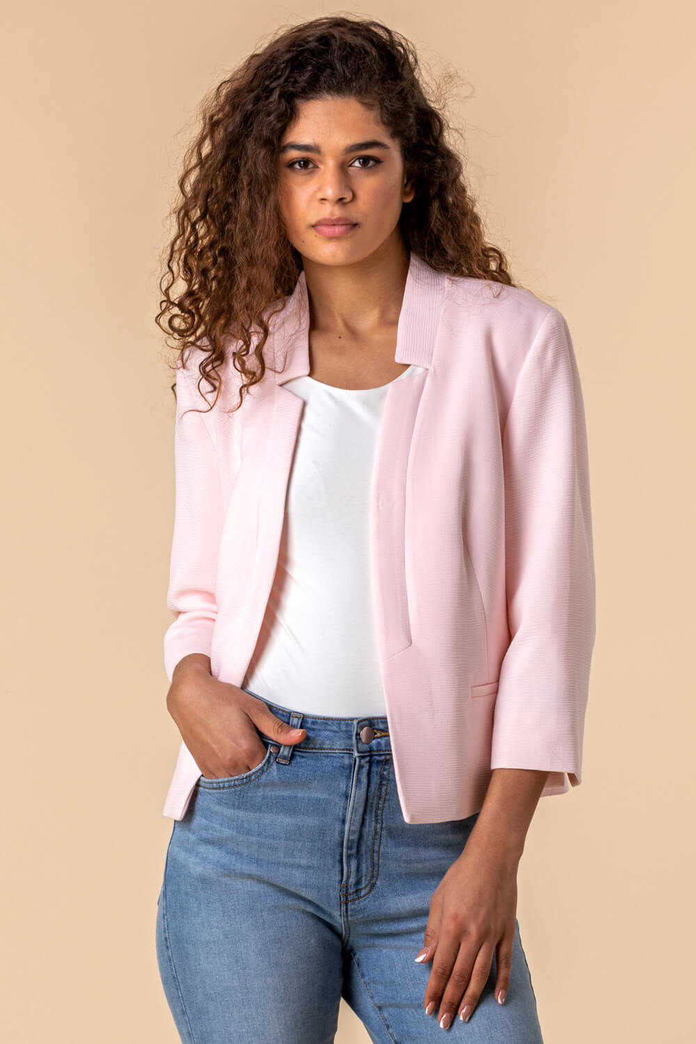Textured Notch Neck Jacket in Light Pink - Roman Originals UK