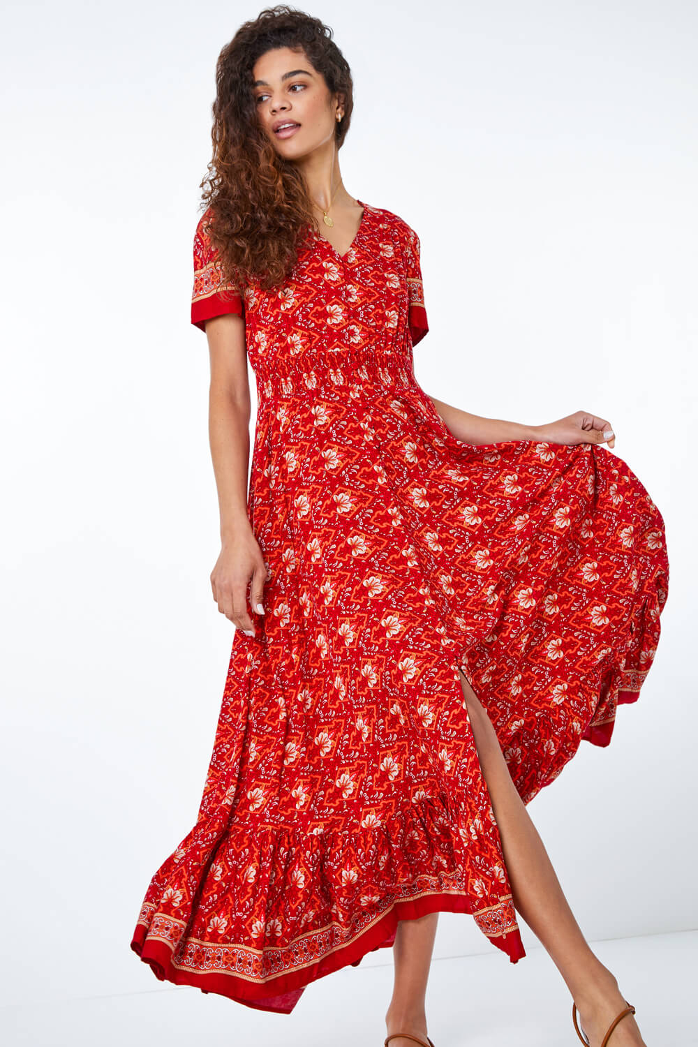 Floral Print Shirred Waist Maxi Dress