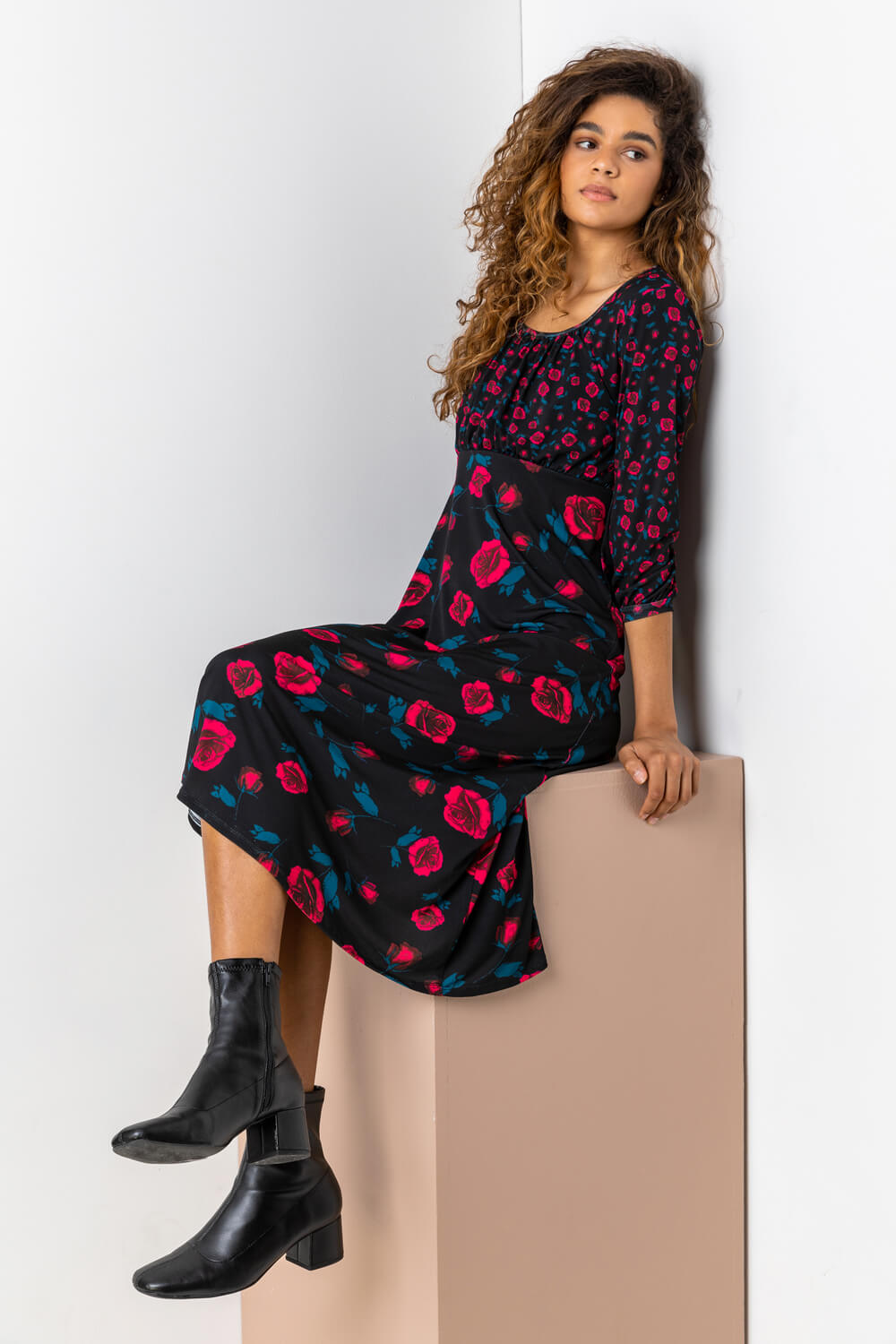 PINK Contrast Floral Print Midi Dress, Image 5 of 5