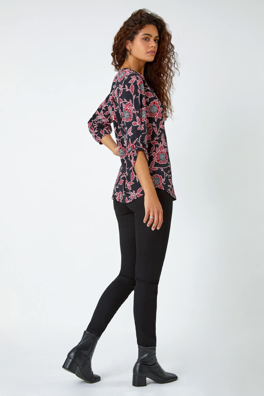 Red Textured Floral Print Stretch Shirt, Image 3 of 5