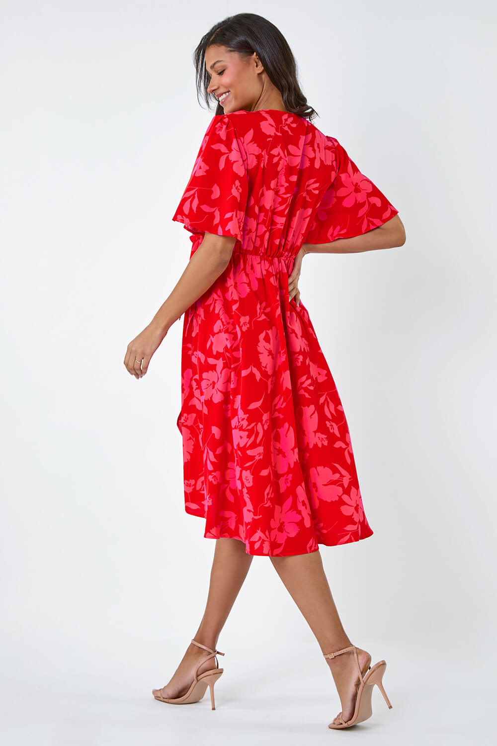 Red Floral Print Wrap Midi Dress, Image 3 of 5