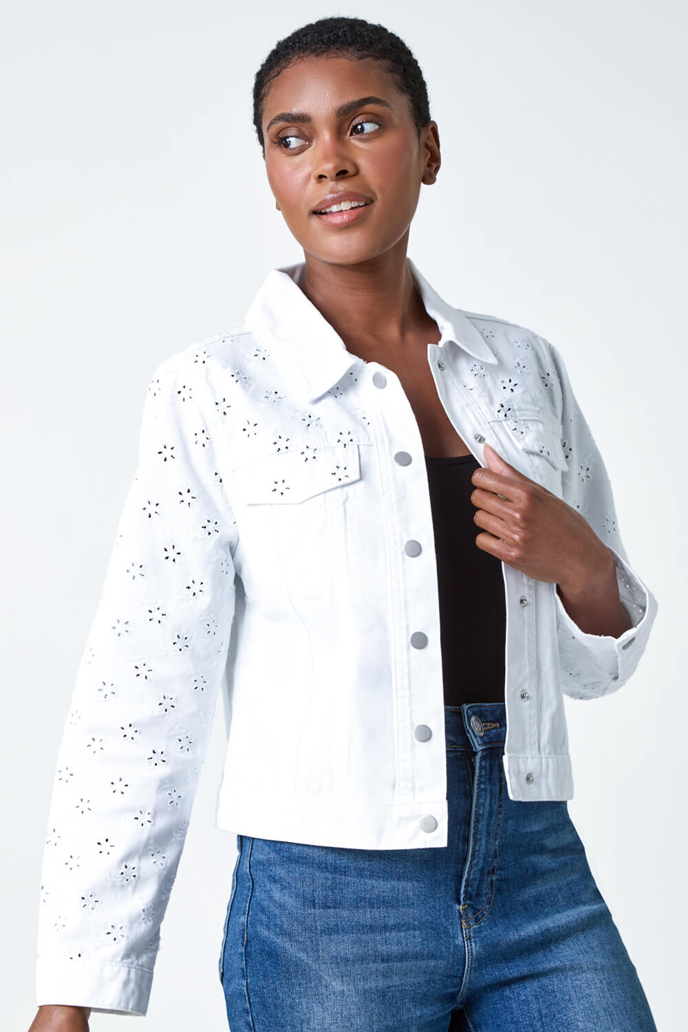 White Cotton Blend Broderie Sleeve Jacket, Image 2 of 5
