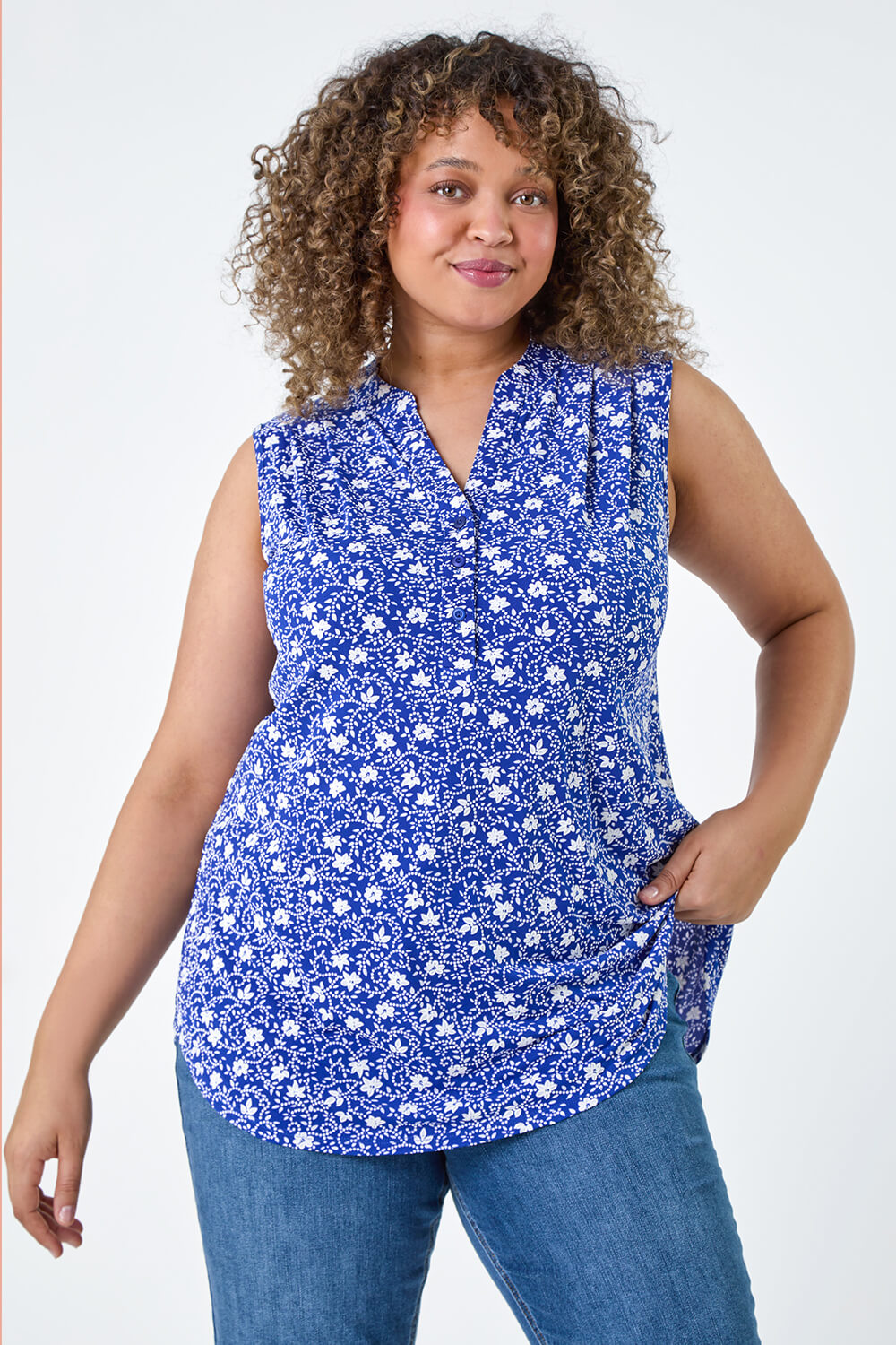 Royal Blue Curve Textured Ditsy Floral Stretch Top, Image 4 of 5