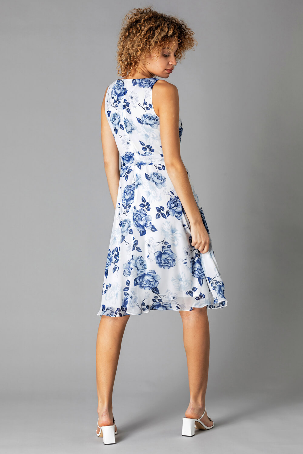 Blue Floral Cowl Neck Fit & Flare Dress, Image 2 of 5