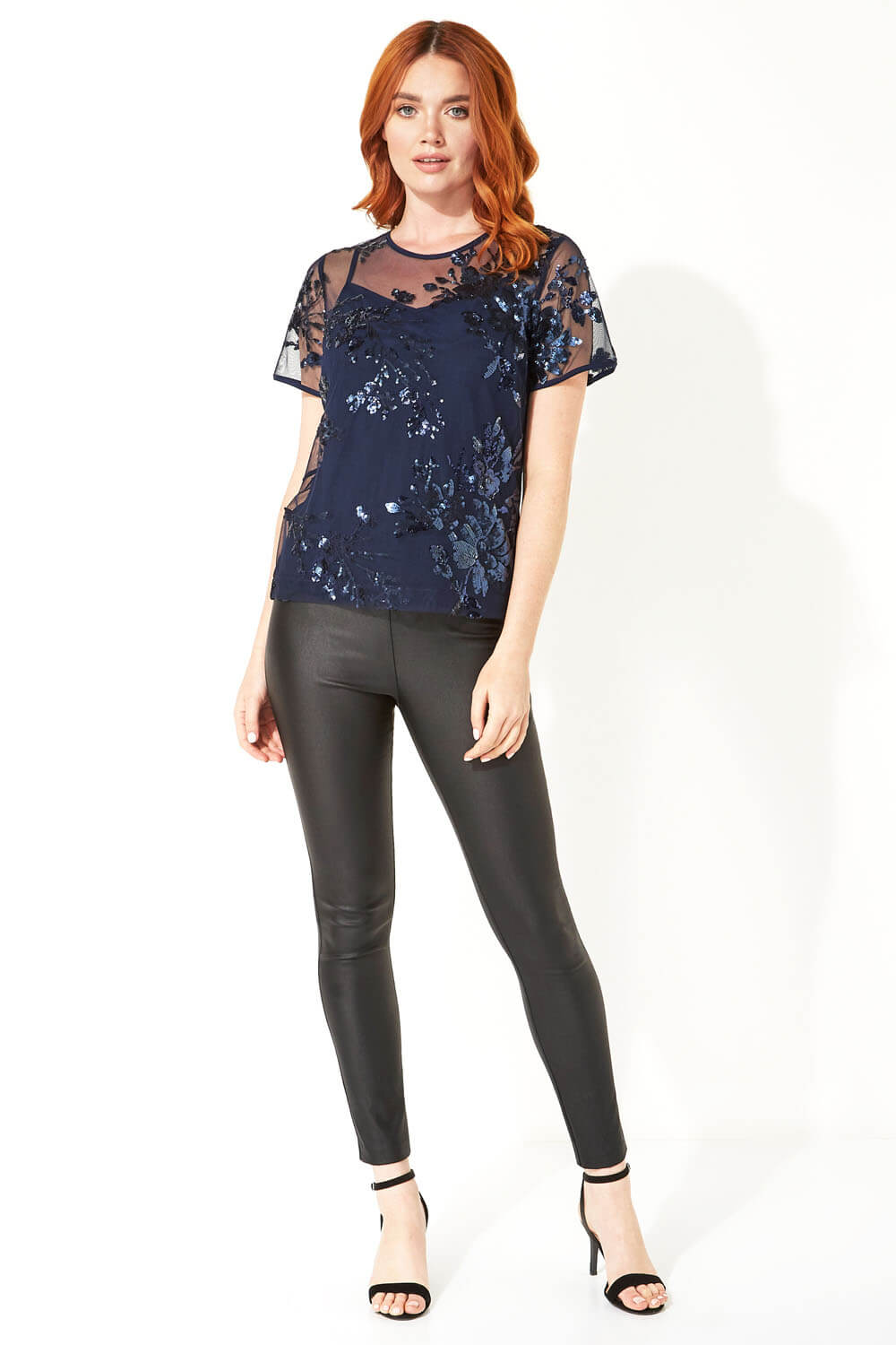 Navy  Floral Mesh Embroidered Top, Image 2 of 5