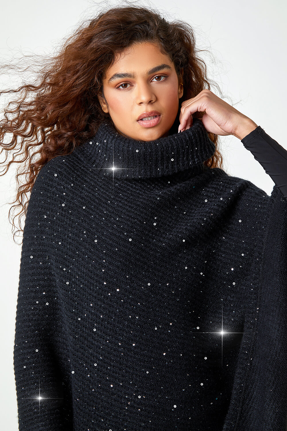 Black One Size Rib Roll Neck Sequin Poncho, Image 4 of 5