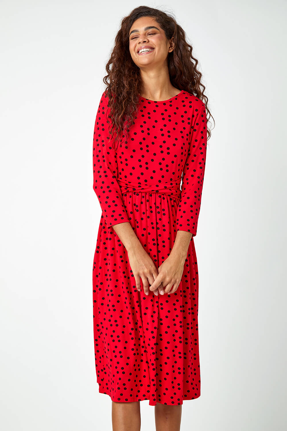 Red Twist Waist Spot Print Stretch Dress | Roman UK