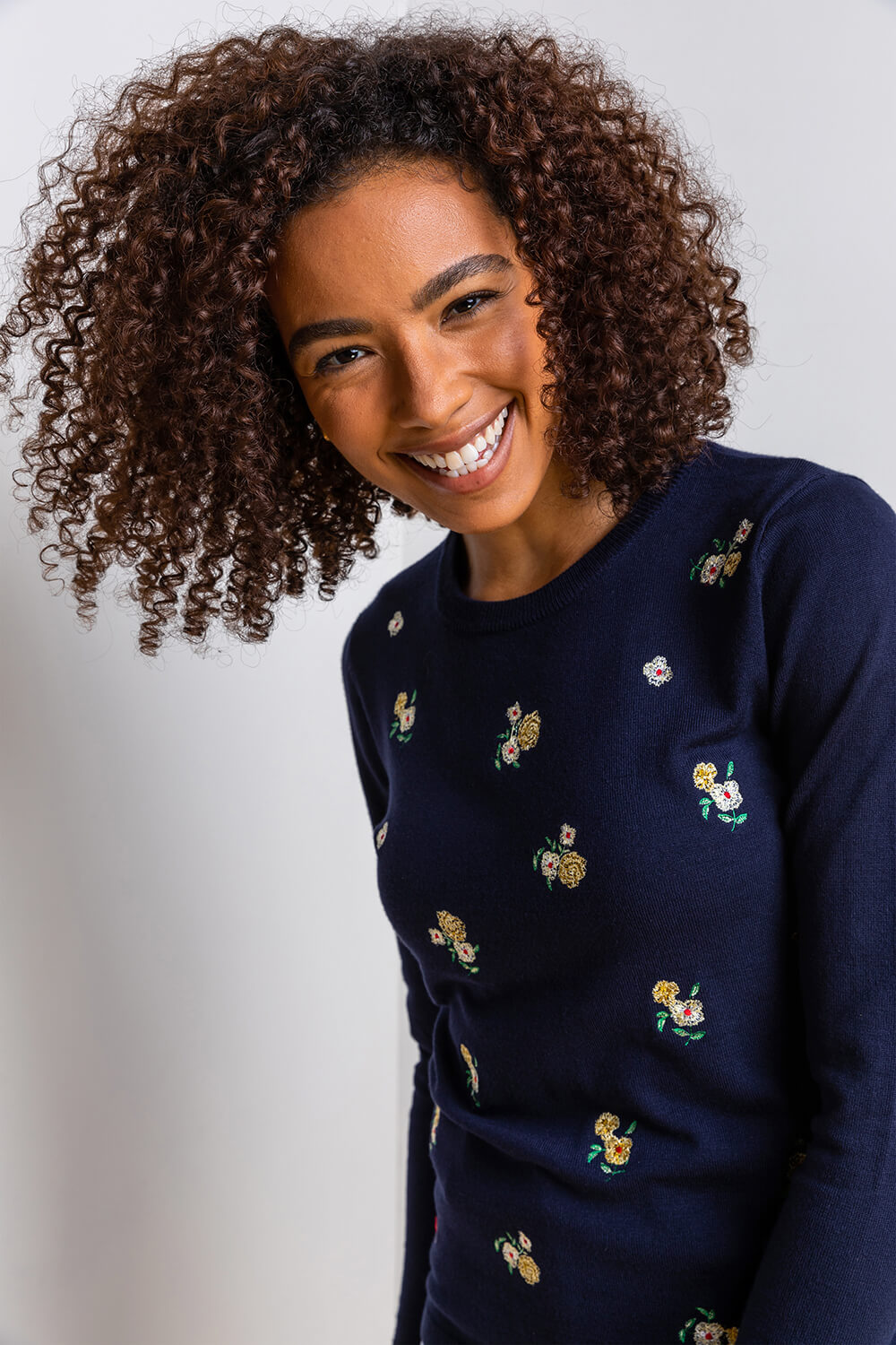 Navy  Floral Embroidered Crew Neck Jumper, Image 4 of 4