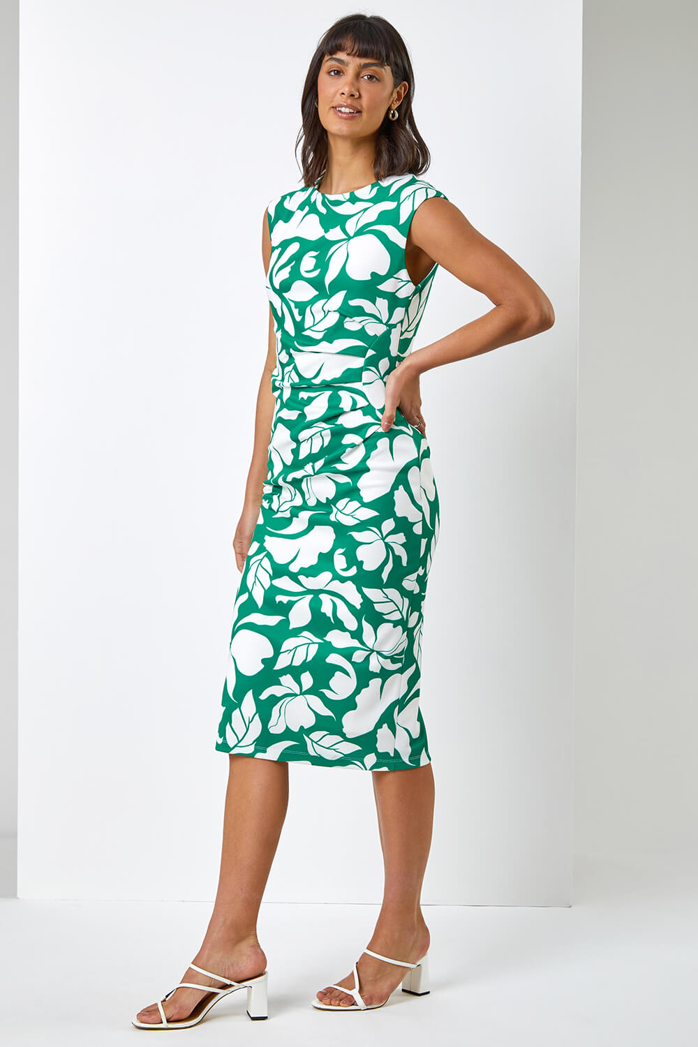 Green Leaf Print Luxe Stretch Shift Dress, Image 3 of 5
