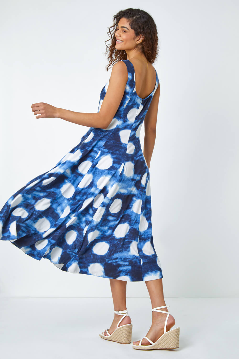 Navy  Abstract Spot Print Panelled Midi Dress, Image 3 of 5
