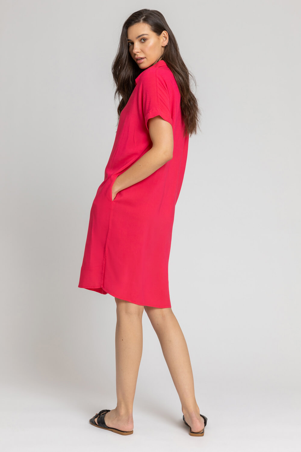 Red Pocket Detail Button Shirt Dress, Image 2 of 4