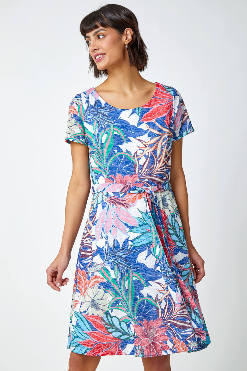 Multi Tropical Burnout Print Belted Dress | Roman UK