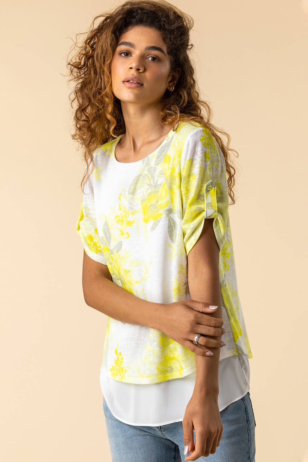Lime Floral Print Double Layer Top, Image 3 of 4