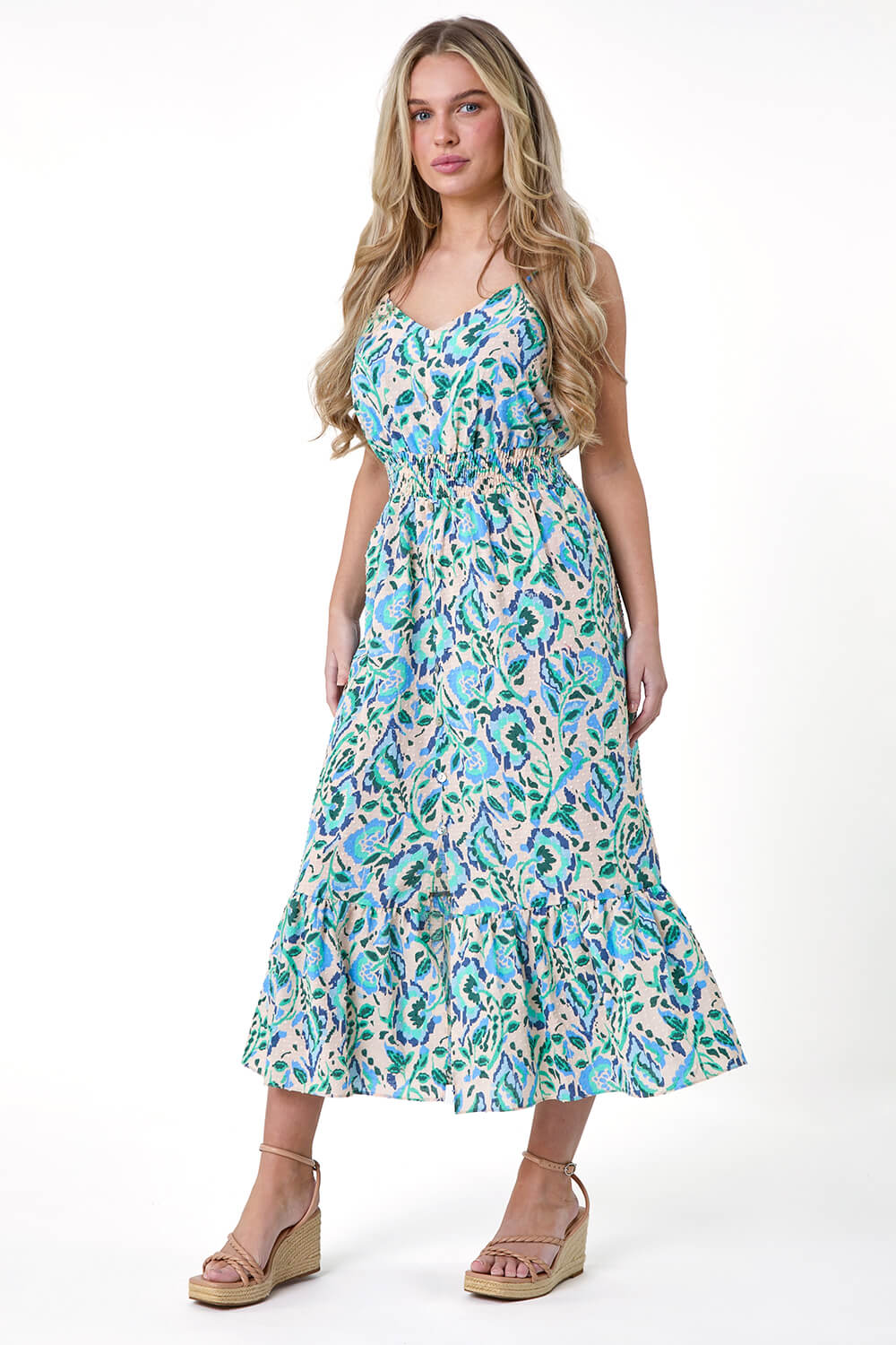Turquoise Petite Floral Textured Spot Cotton Midi Dress, Image 2 of 5