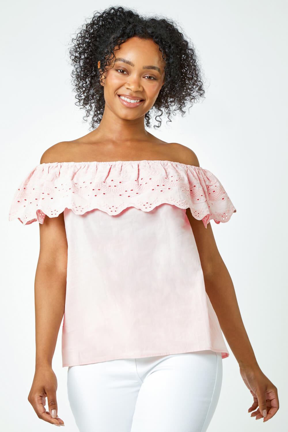 Light Pink Petite Embroidered Cotton Bardot Top, Image 2 of 5