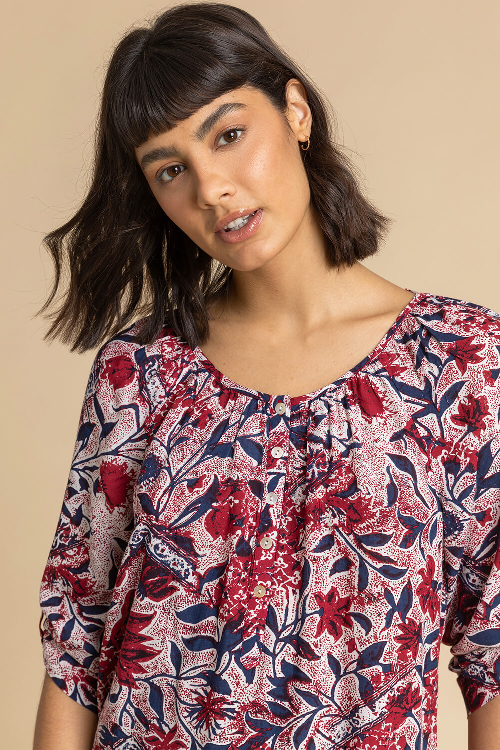 Red Floral Leaf Print Button Top, Image 4 of 4