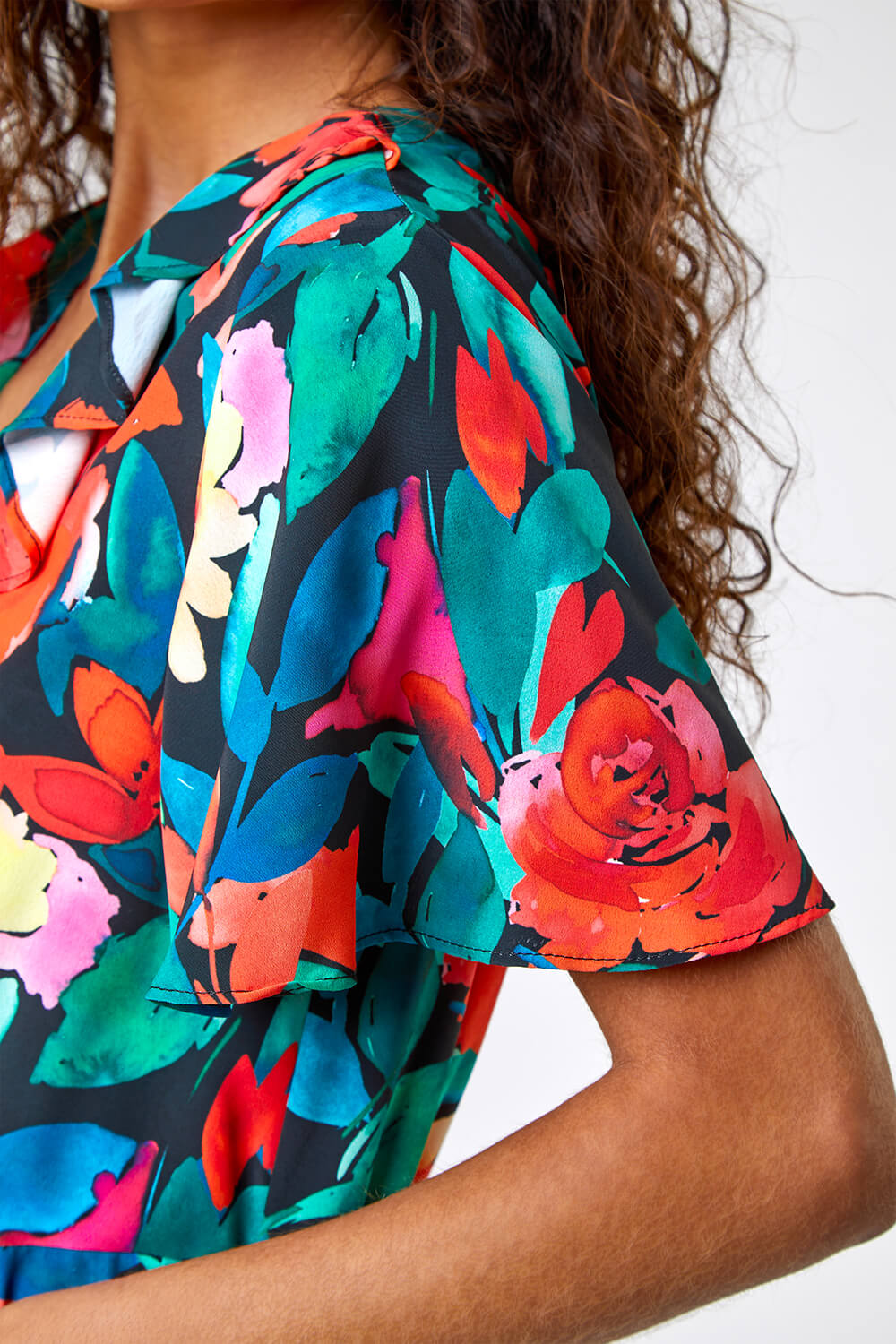 ORANGE Floral Print Frill Wrap Midi Dress, Image 4 of 5
