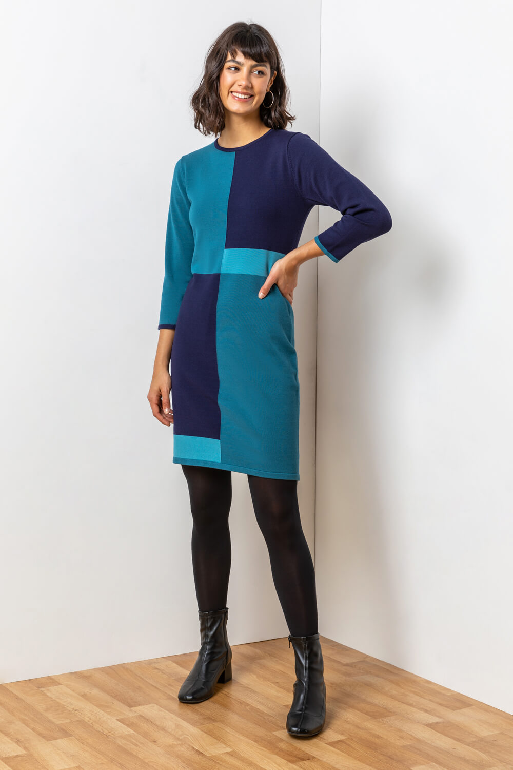 Blue Colour Block Knitted Dress, Image 3 of 5