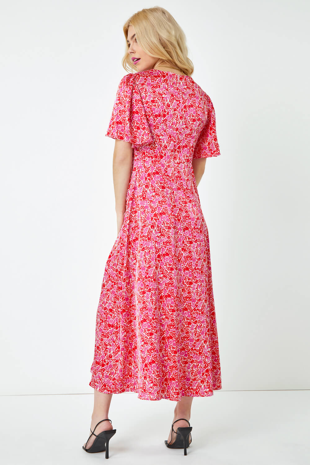 Red Ditsy Floral Satin Midi Dress, Image 3 of 5