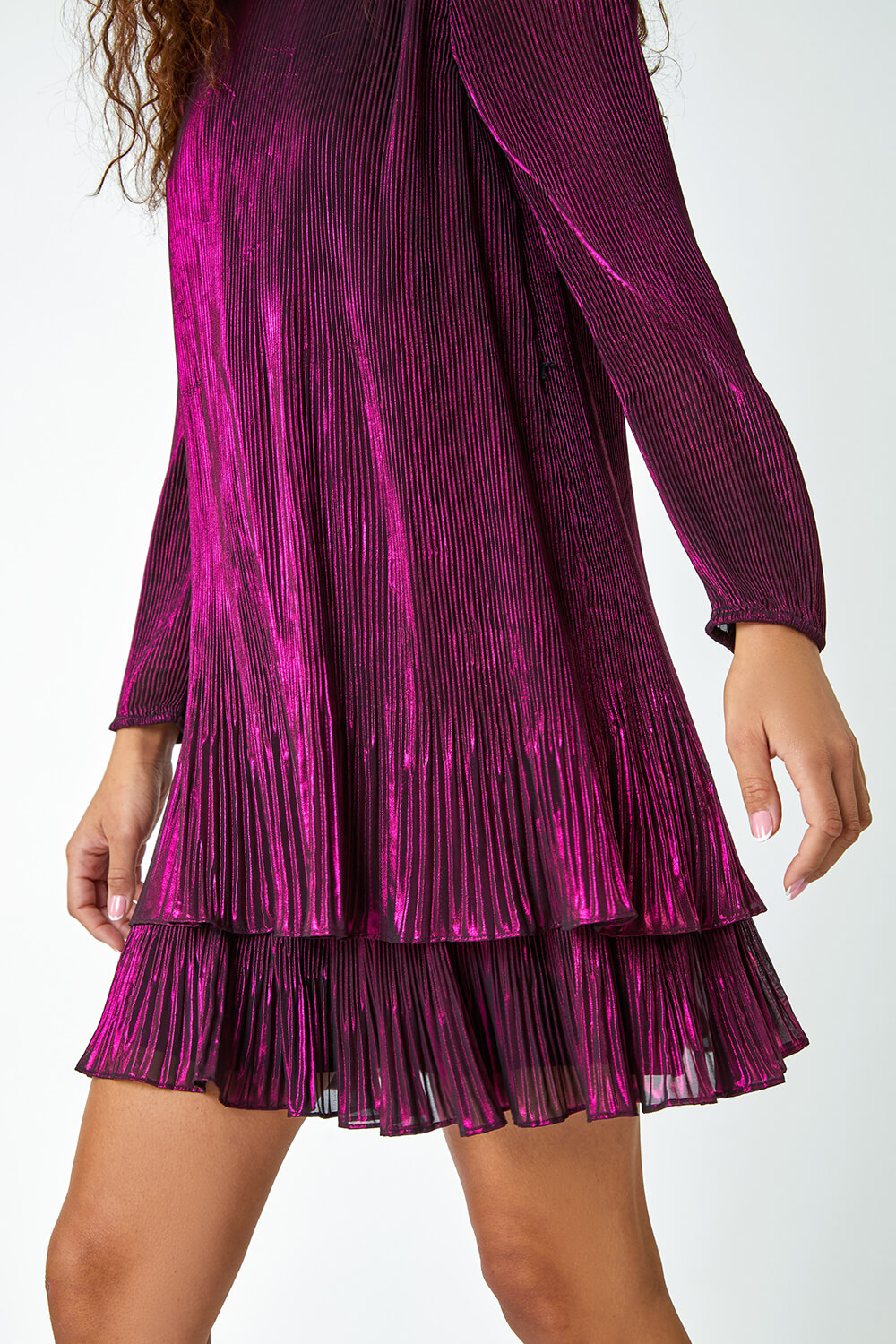 Magenta Pleated Shimmer Frill Hem Swing Dress | Roman UK