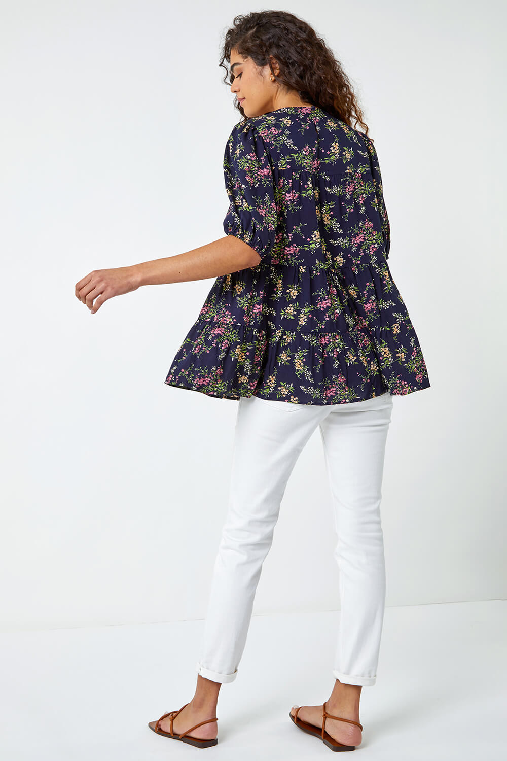 Navy  Ditsy Floral Print Puff Sleeve Top, Image 3 of 5