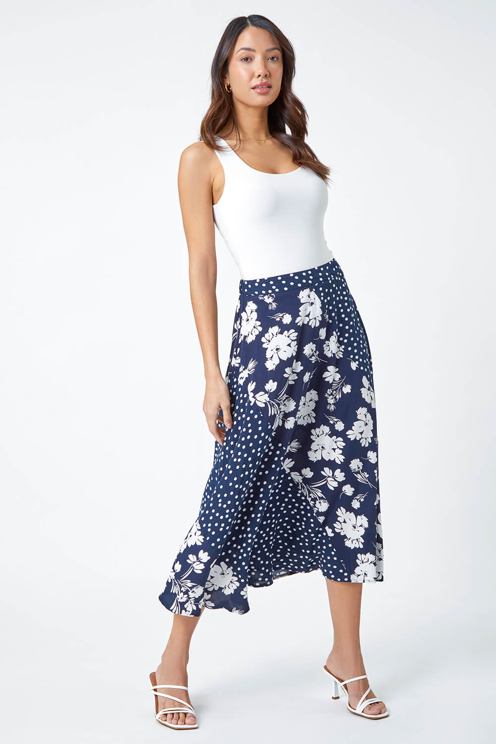 Blue Mixed Floral Spot Print Midi Skirt, Image 2 of 5