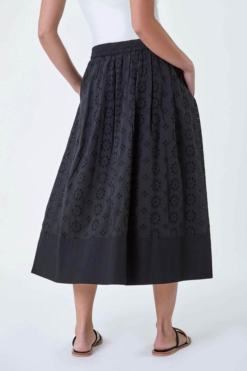Black Petite Cotton Broderie Midi Skirt, Image 3 of 5