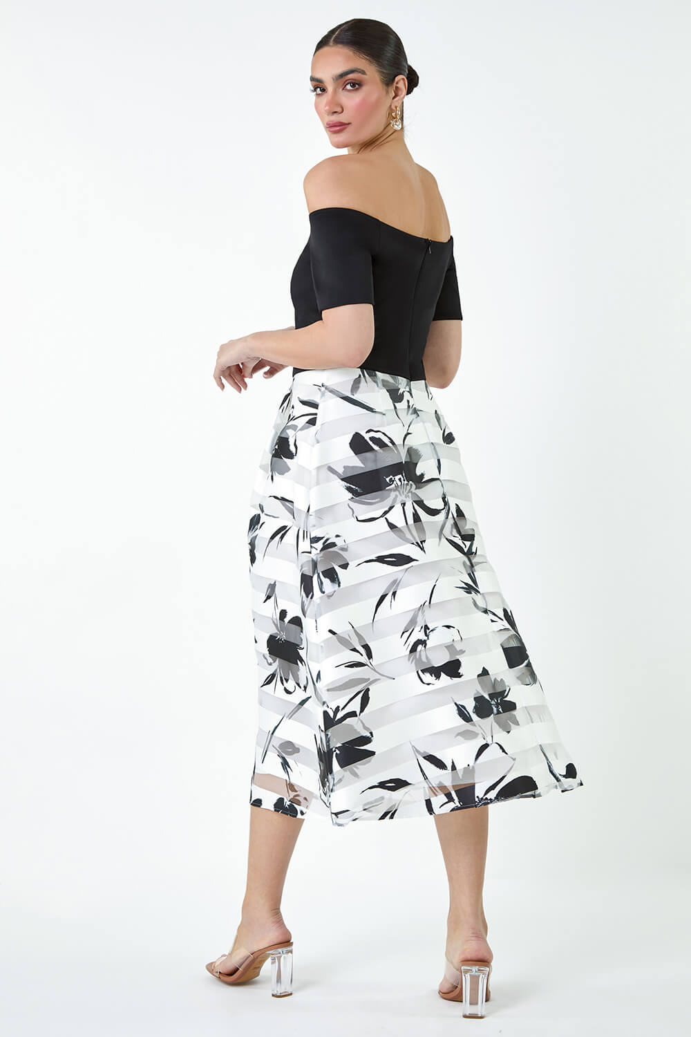 Black Floral Print Premium Stretch Bardot Dress, Image 3 of 5