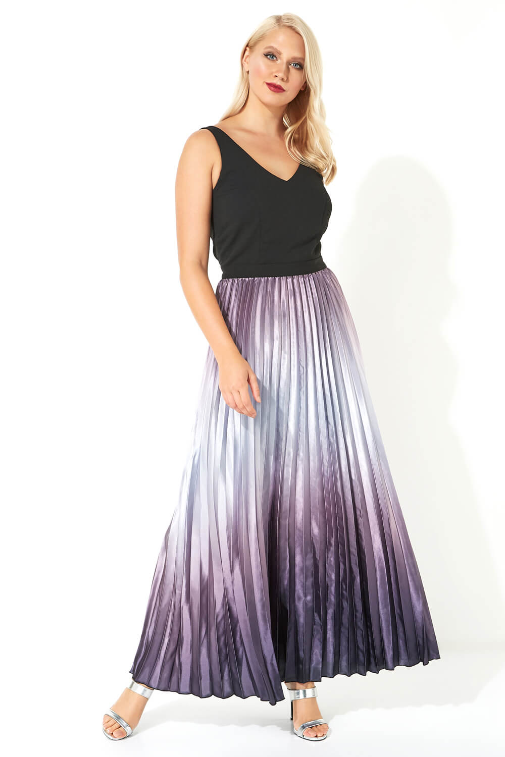 Purple Ombre Satin Pleated Maxi Dress, Image 2 of 5