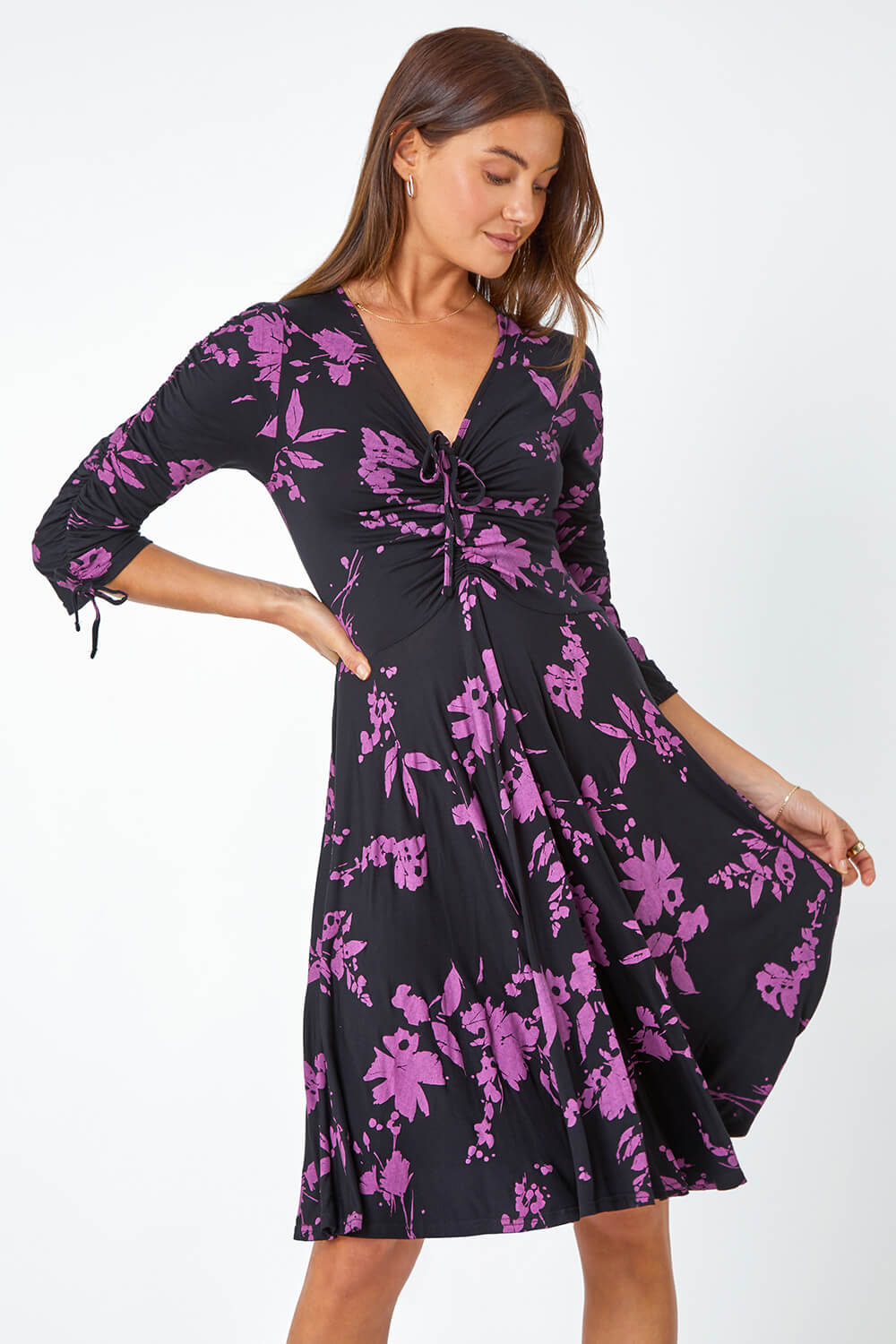 Floral Shadow Print Ruched Stretch Dress