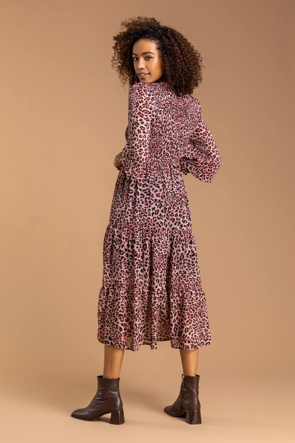PINK Leopard Print Shirred Tier Dress, Image 2 of 5