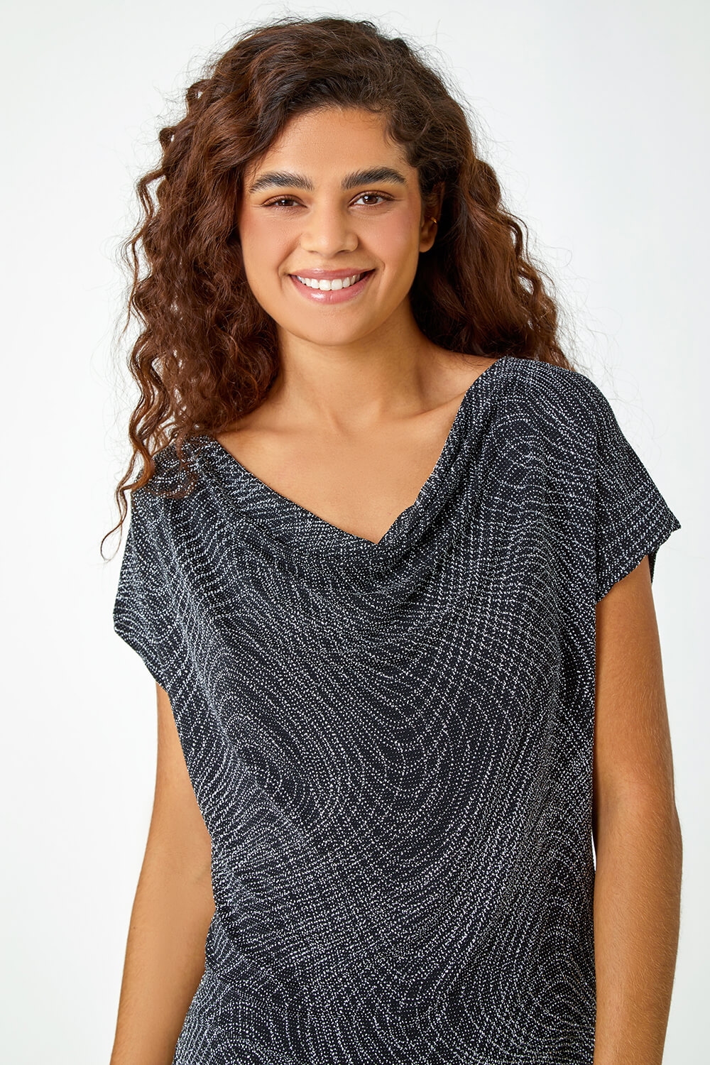 Silver Glitter Print Cowl Neck Stretch Top | Roman UK