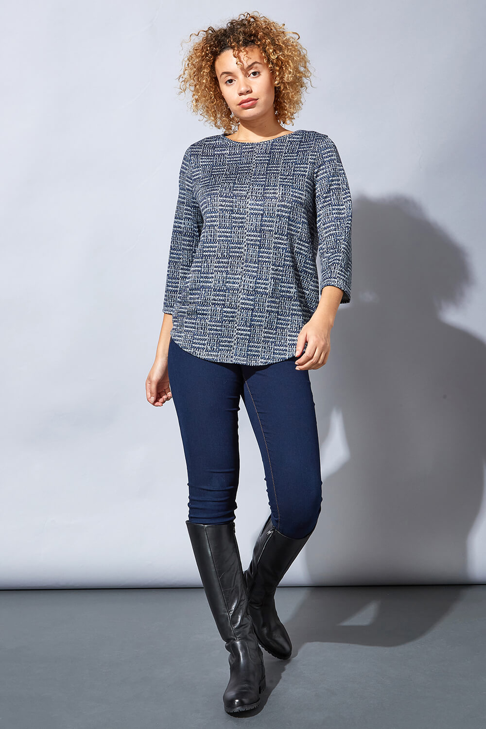 Blue Contrast Check Print Jersey Knit Top, Image 5 of 5