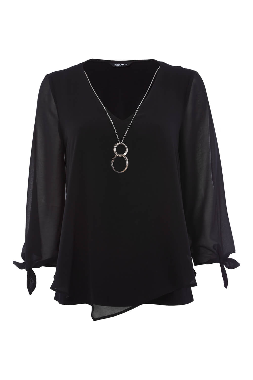Black Necklace Trim Jersey 3/4 Sleeve Chiffon Top, Image 5 of 5