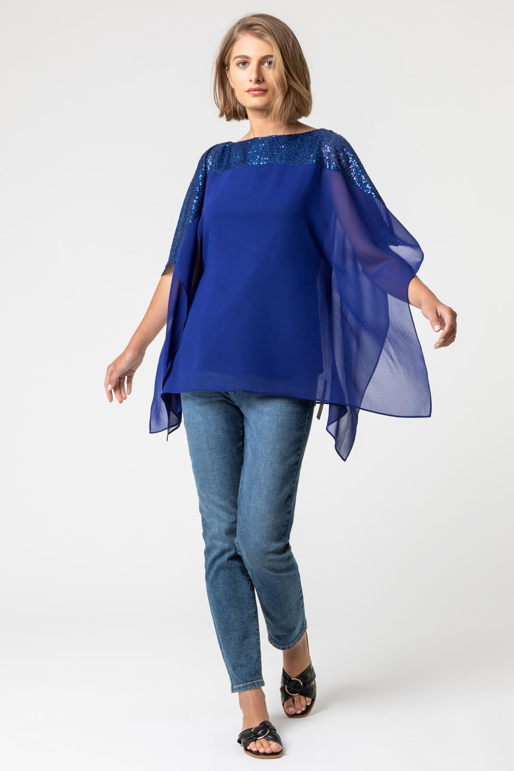 Royal Blue Sequin Embellished Chiffon Overlay Top, Image 3 of 4