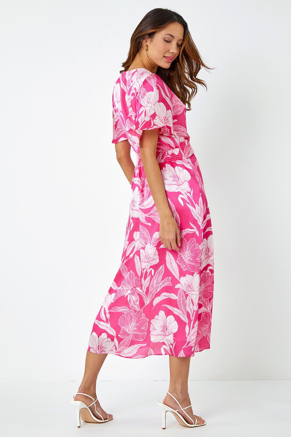 Pink Floral Print Twist Front Midi Dress | Roman UK