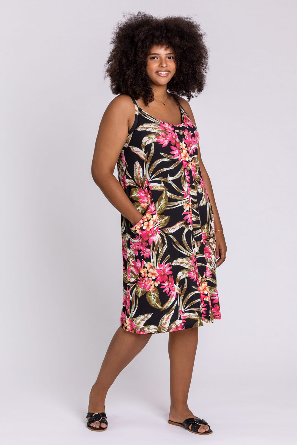 PINK Curve Tropical Print Button Detail Dress, Image 3 of 5