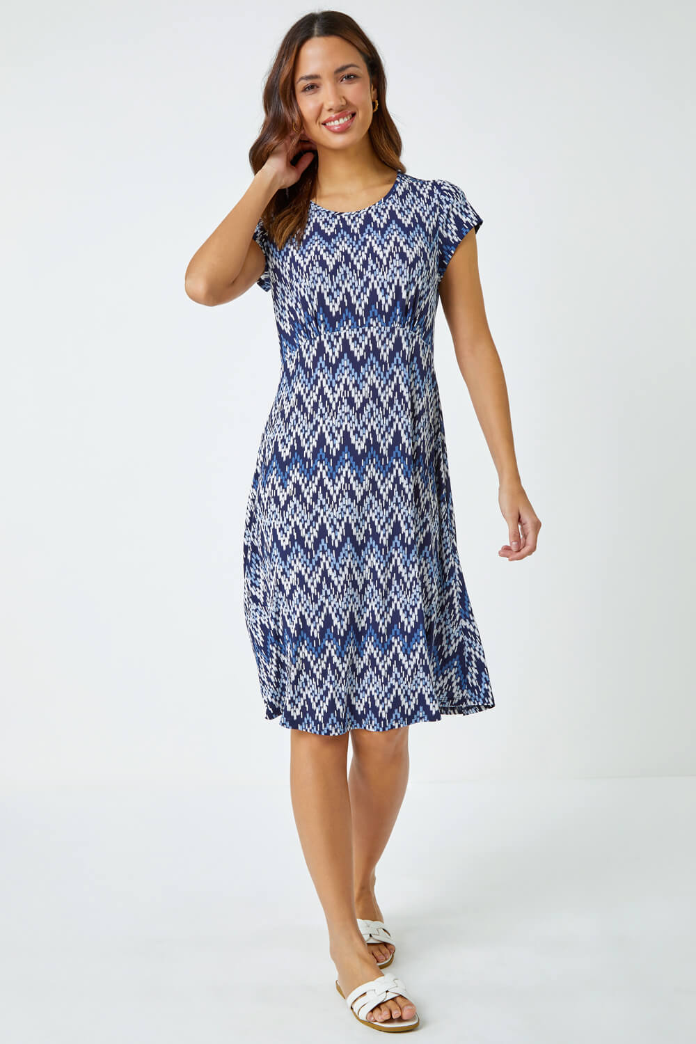 Blue Aztec Print Textured Stretch Dress, Image 4 of 5