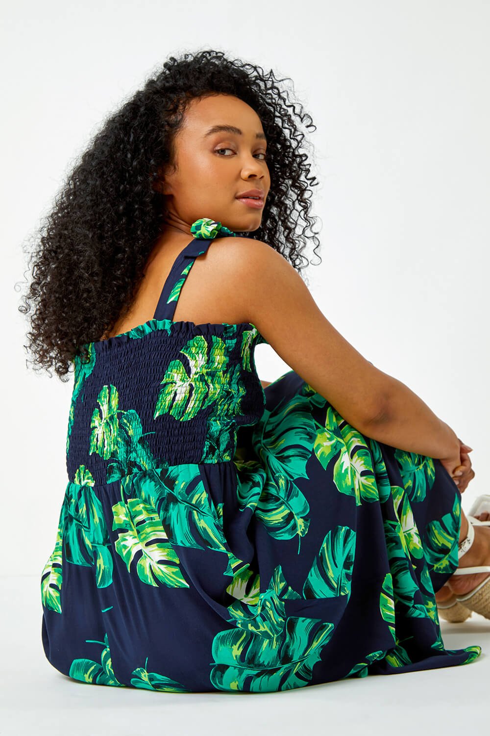 Petite Tropical Print Shirred Maxi Dress