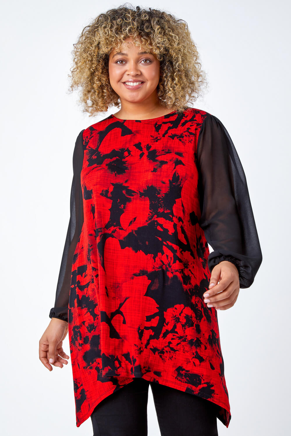 Red Curve Floral Chiffon Sleeve Stretch Top , Image 2 of 5