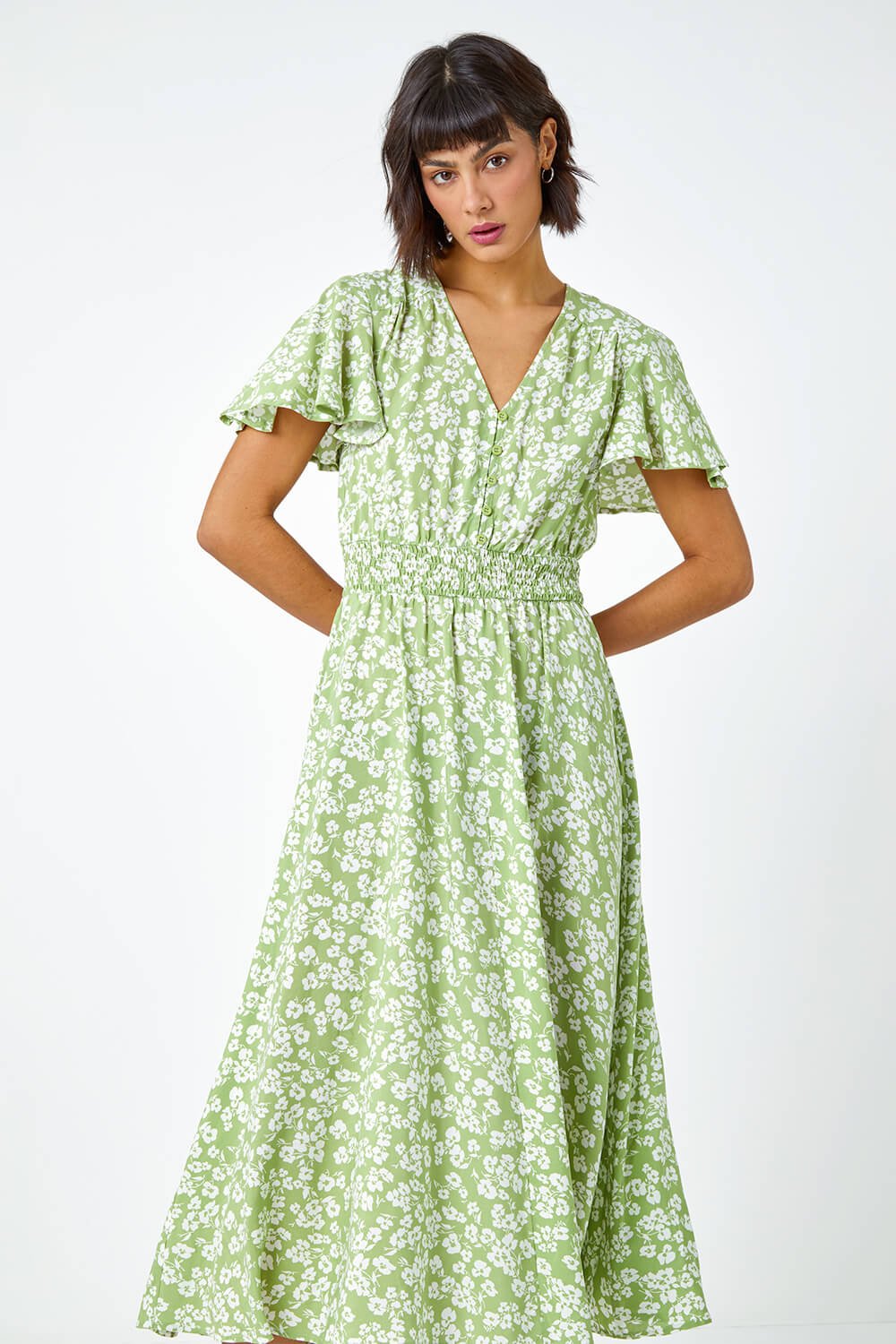 Green Floral Print Shirred Waist Midi Dress, Image 3 of 6