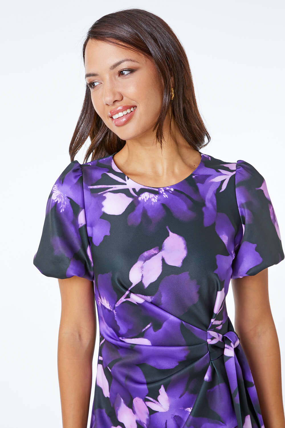 Purple Premium Stretch Floral Tie Waist Dress, Image 4 of 5